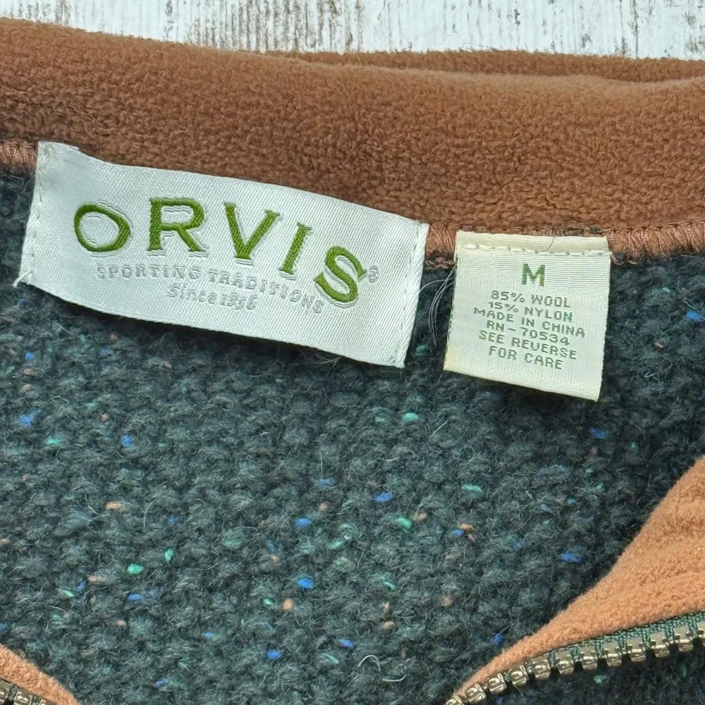 Orvis Mens Donegal Wool Blend Quarter Zip Sweater Green Fleece Collar Medium